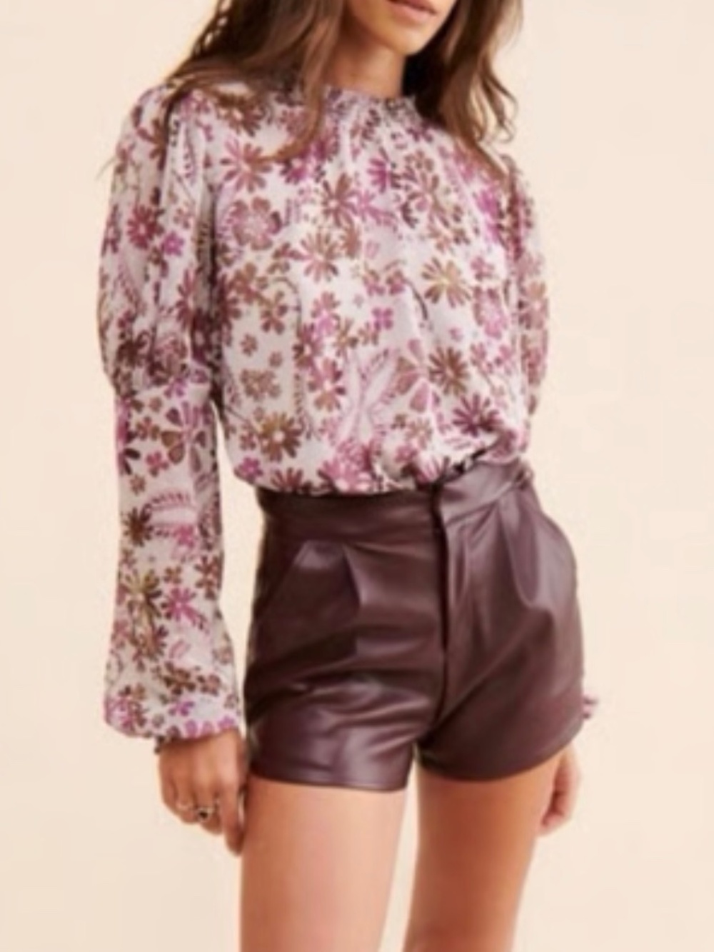 Free People Sheer Floral Smocked Blouse Lavender Boho Balloon Sleeve Crop XS